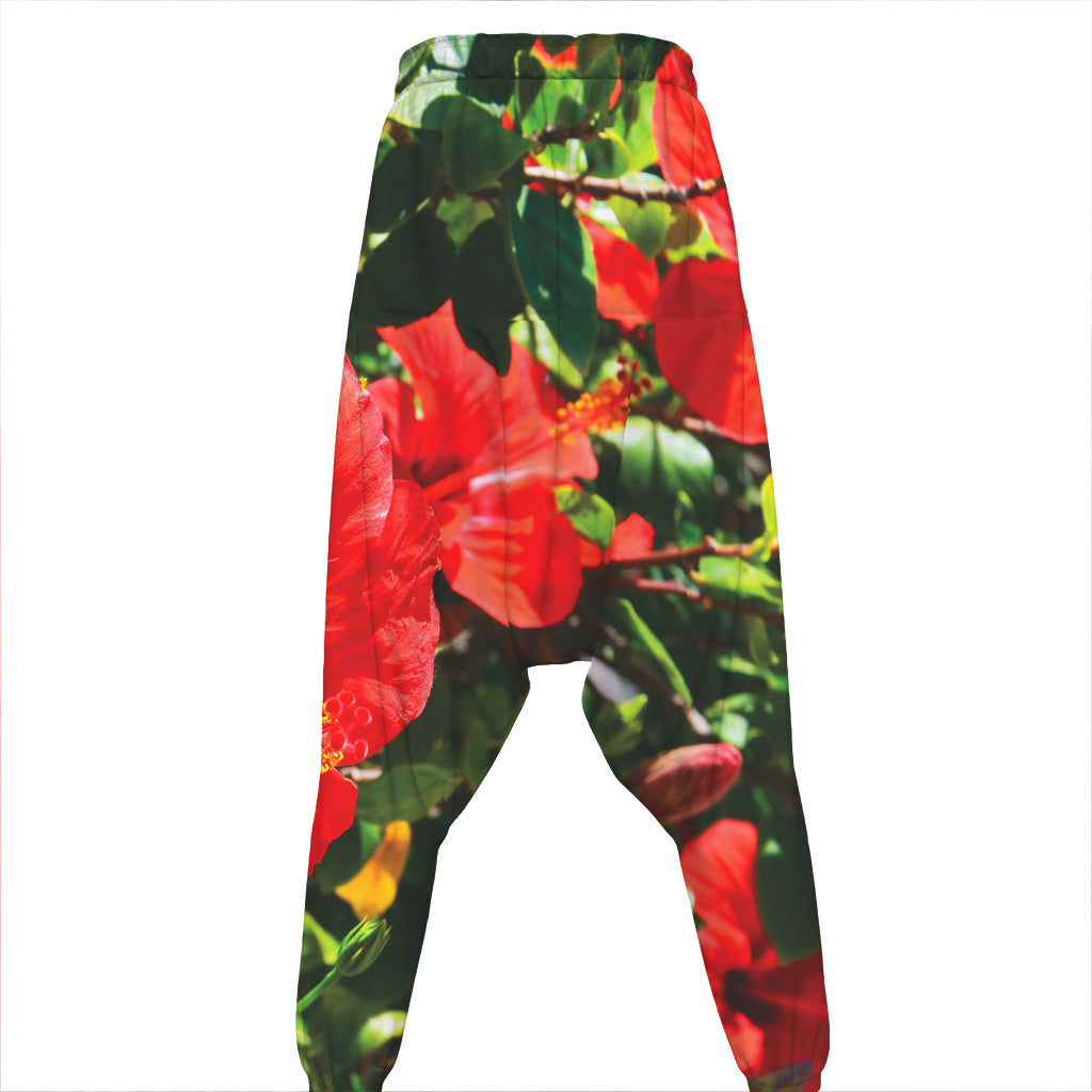 Red Hibiscus Flowers Print Hammer Pants