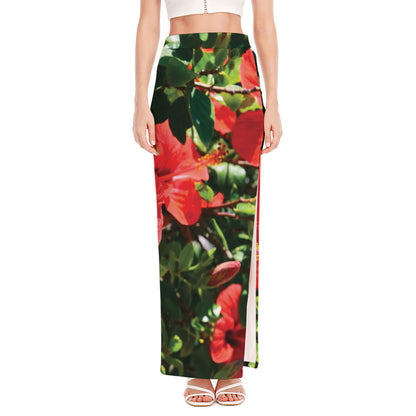 Red Hibiscus Flowers Print High Slit Maxi Skirt