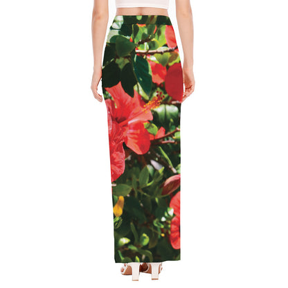 Red Hibiscus Flowers Print High Slit Maxi Skirt