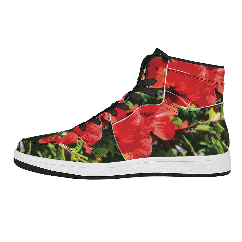 Red Hibiscus Flowers Print High Top Leather Sneakers