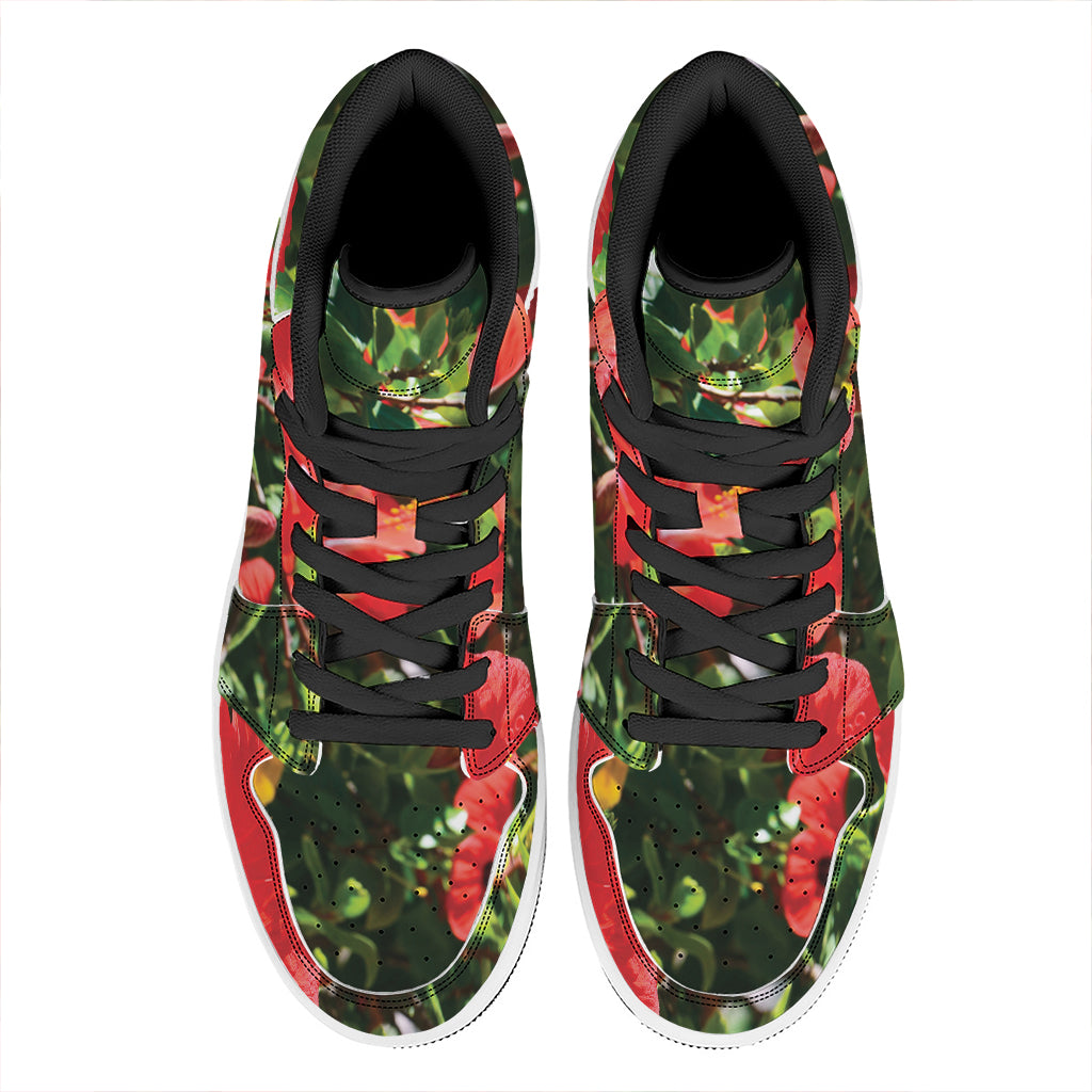 Red Hibiscus Flowers Print High Top Leather Sneakers