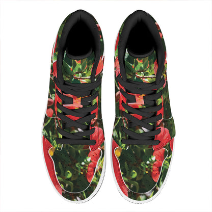 Red Hibiscus Flowers Print High Top Leather Sneakers