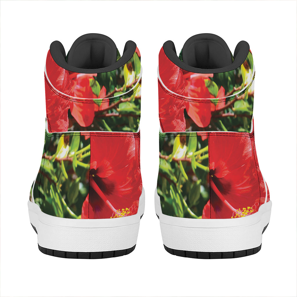 Red Hibiscus Flowers Print High Top Leather Sneakers