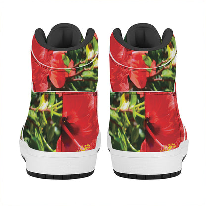 Red Hibiscus Flowers Print High Top Leather Sneakers