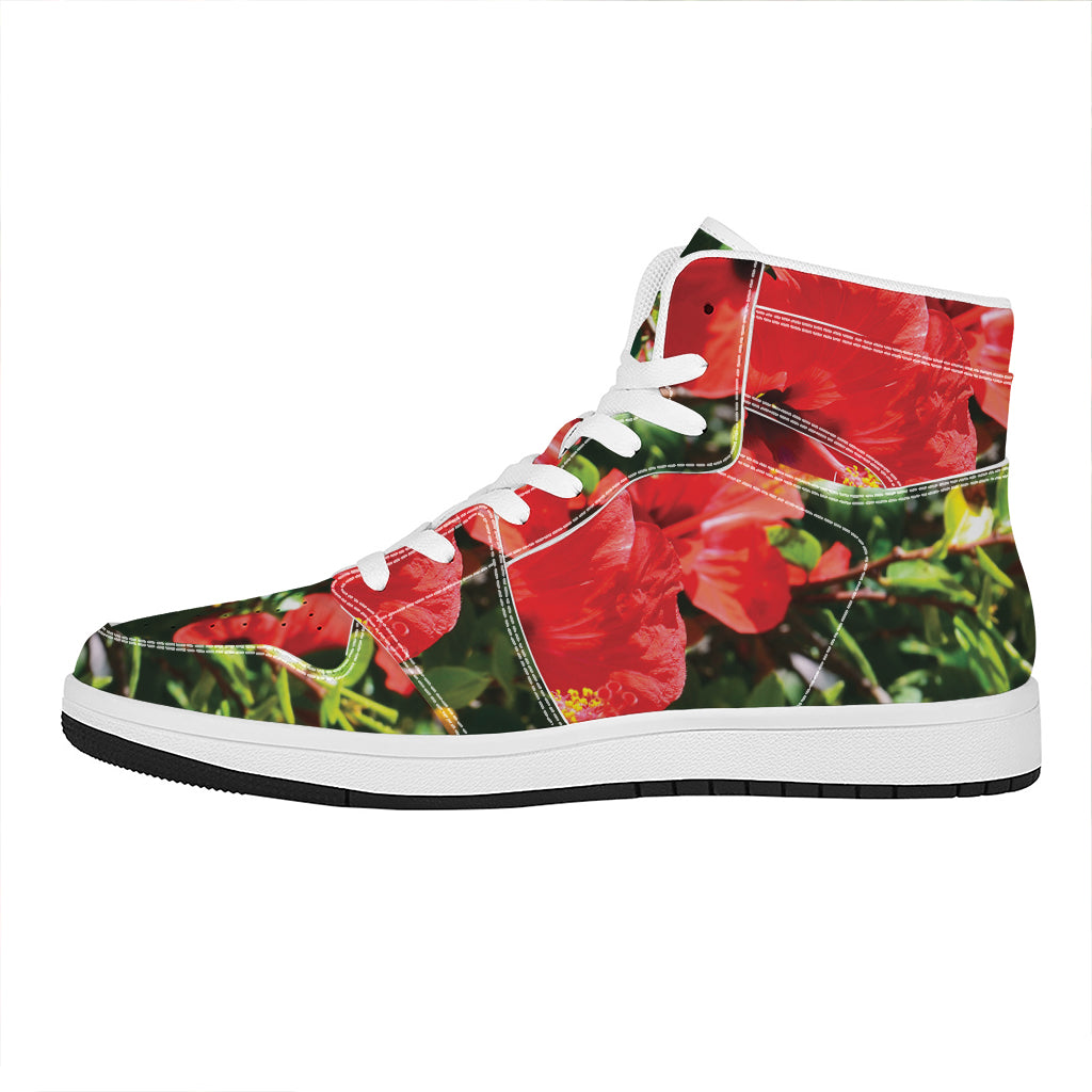Red Hibiscus Flowers Print High Top Leather Sneakers