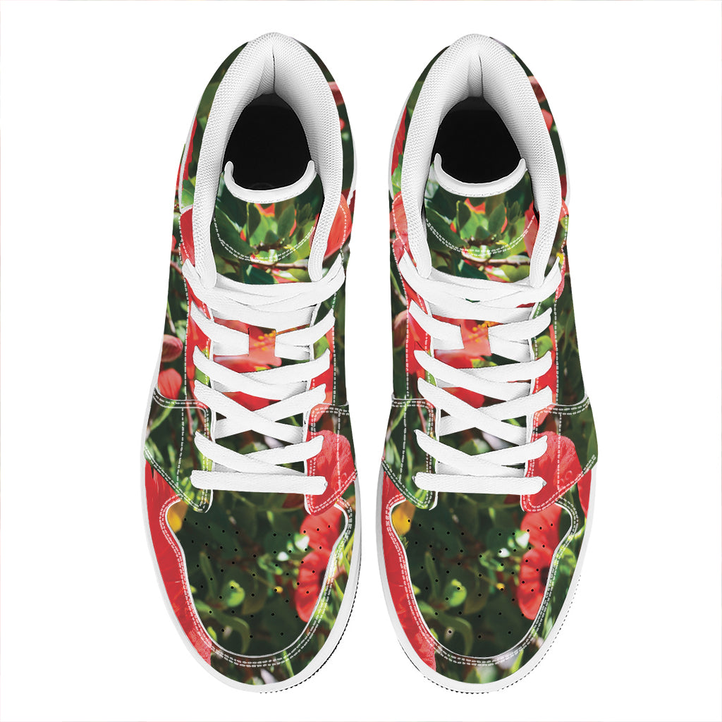 Red Hibiscus Flowers Print High Top Leather Sneakers