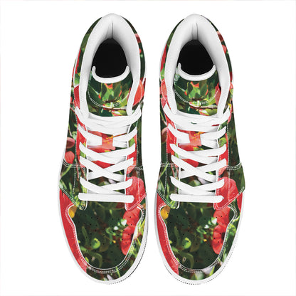 Red Hibiscus Flowers Print High Top Leather Sneakers