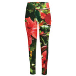 Red Hibiscus Flowers Print High-Waisted Pocket Leggings