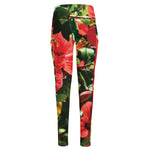 Red Hibiscus Flowers Print High-Waisted Pocket Leggings