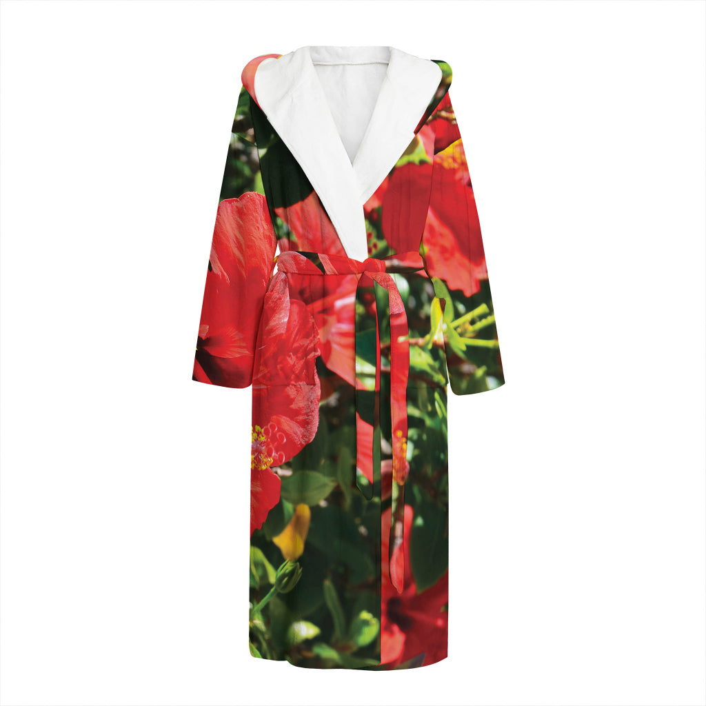 Red Hibiscus Flowers Print Hooded Bathrobe