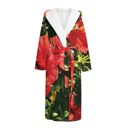 Red Hibiscus Flowers Print Hooded Bathrobe