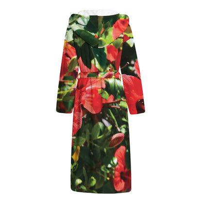 Red Hibiscus Flowers Print Hooded Bathrobe