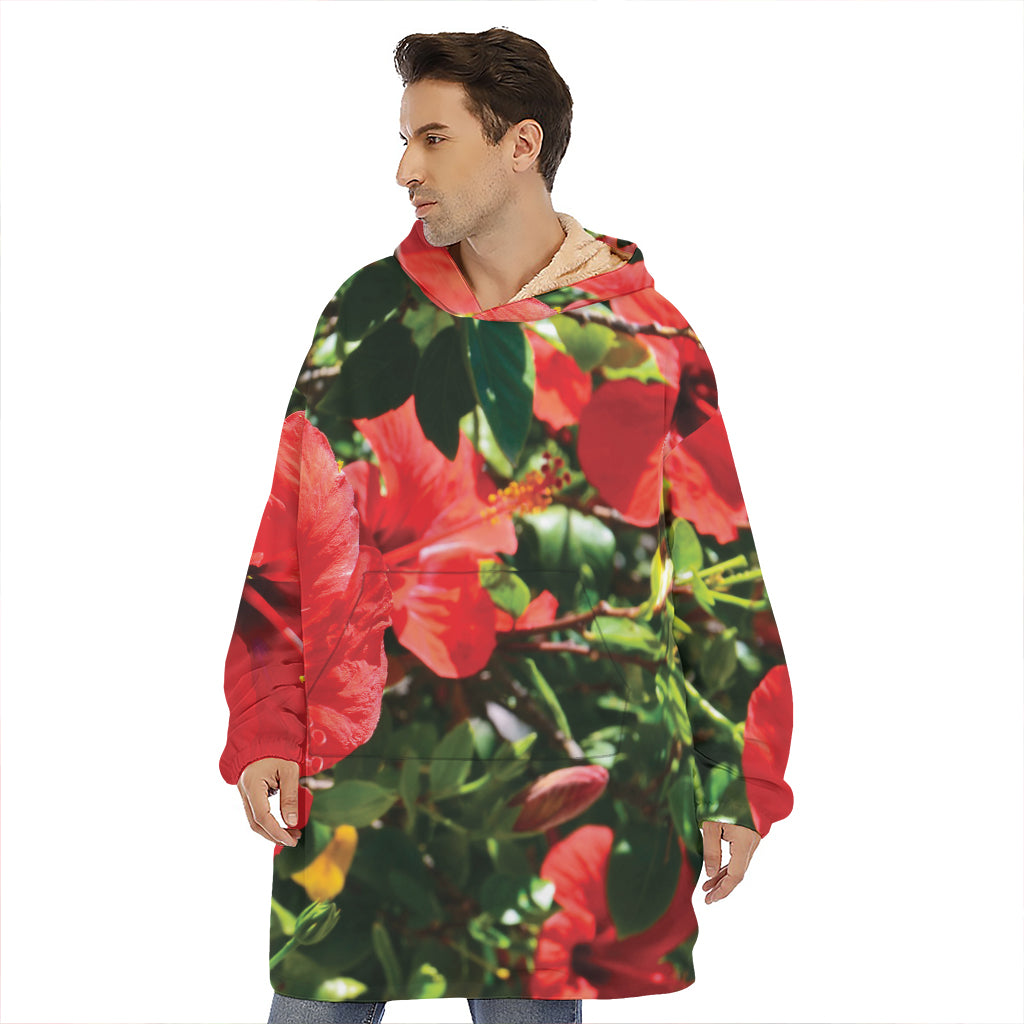 Red Hibiscus Flowers Print Hoodie Blanket