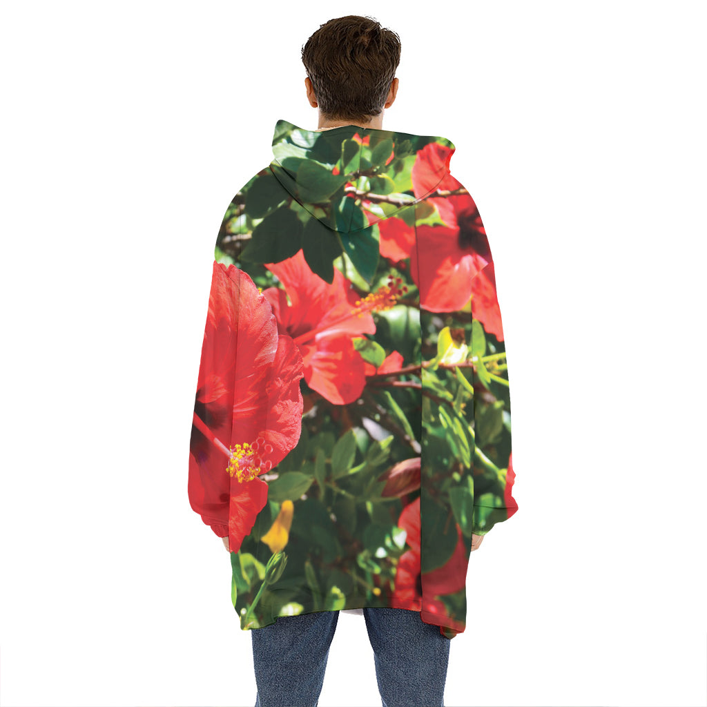 Red Hibiscus Flowers Print Hoodie Blanket