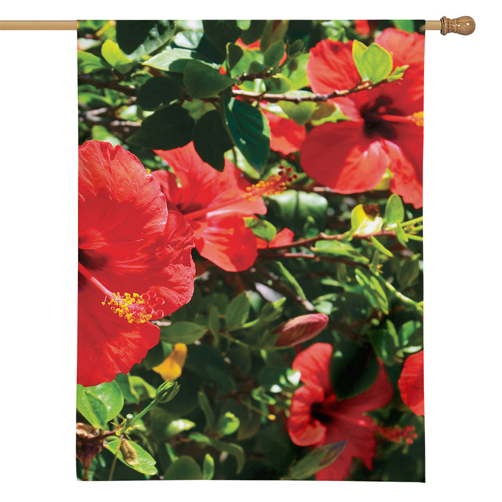 Red Hibiscus Flowers Print House Flag