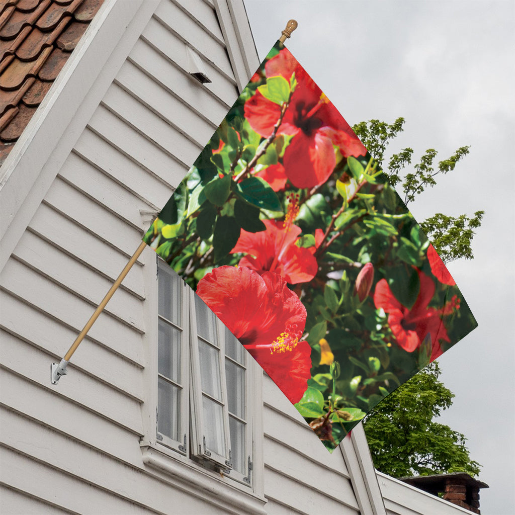 Red Hibiscus Flowers Print House Flag