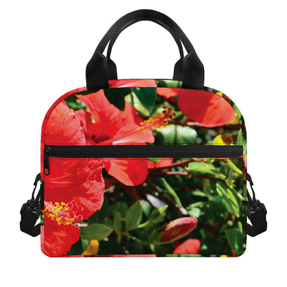 Red Hibiscus Flowers Print Insulated Lunch Bag