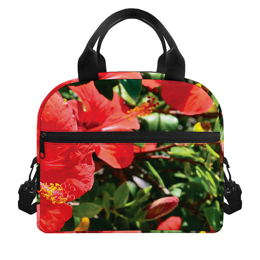 Red Hibiscus Flowers Print Insulated Lunch Bag