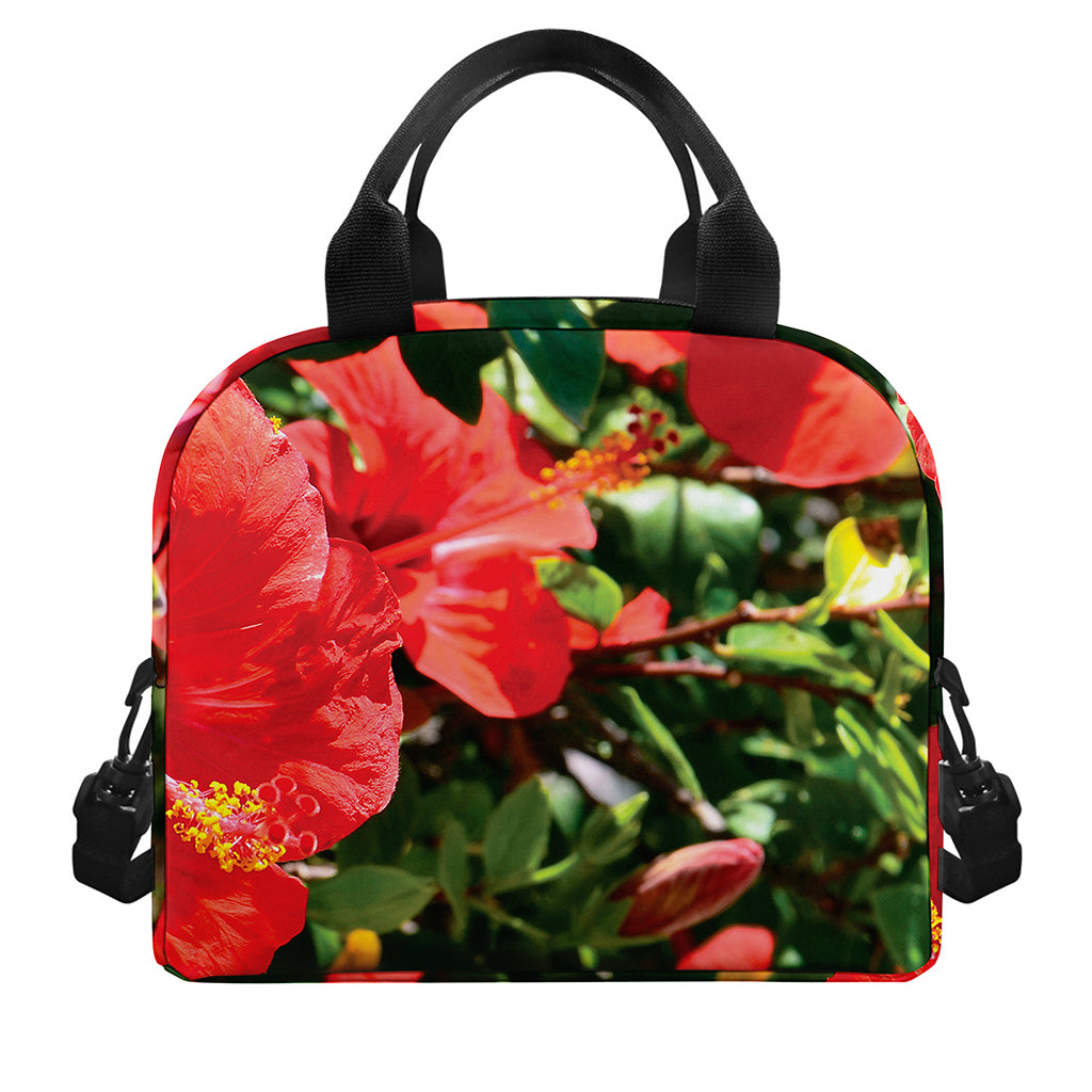 Red Hibiscus Flowers Print Insulated Lunch Bag