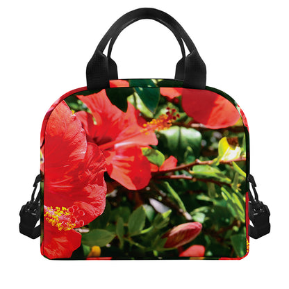 Red Hibiscus Flowers Print Insulated Lunch Bag