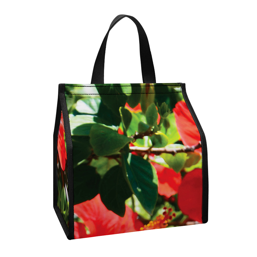 Red Hibiscus Flowers Print Insulated Lunch Tote