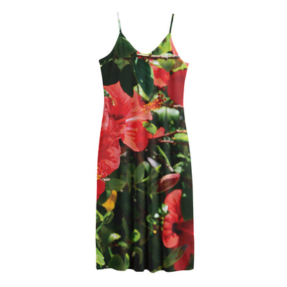 Red Hibiscus Flowers Print Jersey Midi Cami Dress