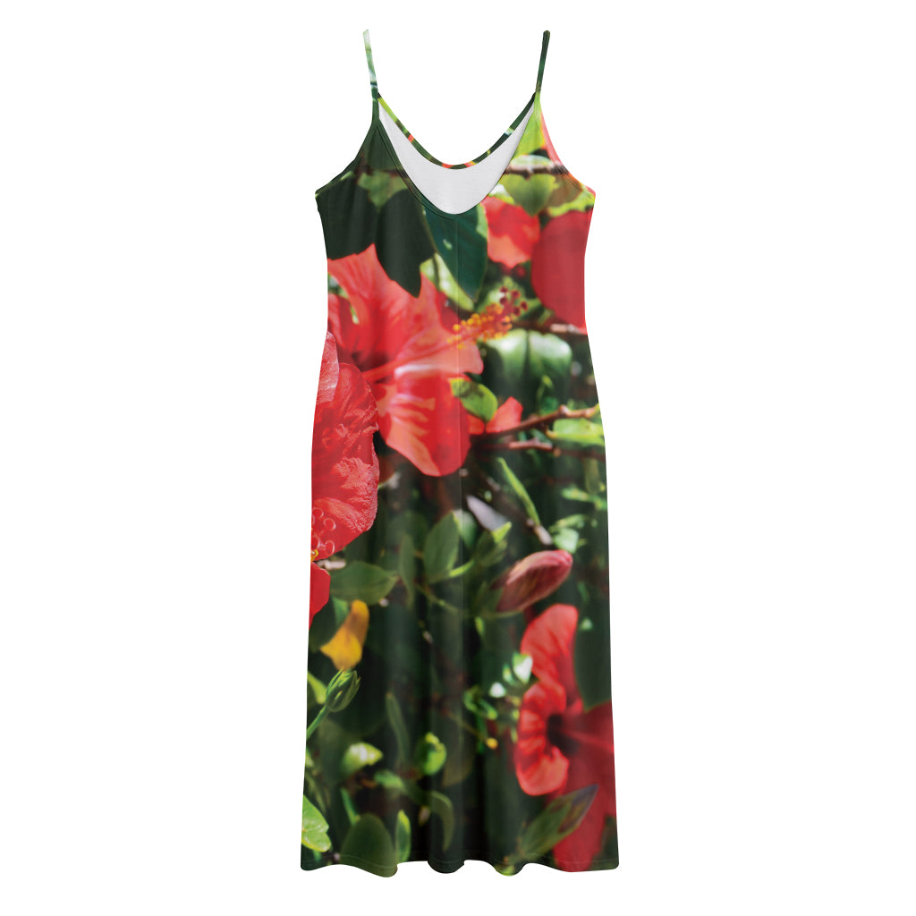 Red Hibiscus Flowers Print Jersey Midi Cami Dress