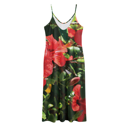 Red Hibiscus Flowers Print Jersey Midi Cami Dress