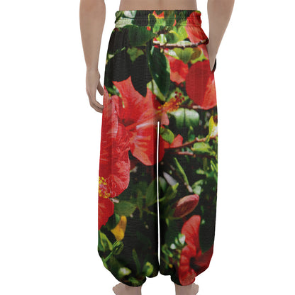 Red Hibiscus Flowers Print Lantern Pants