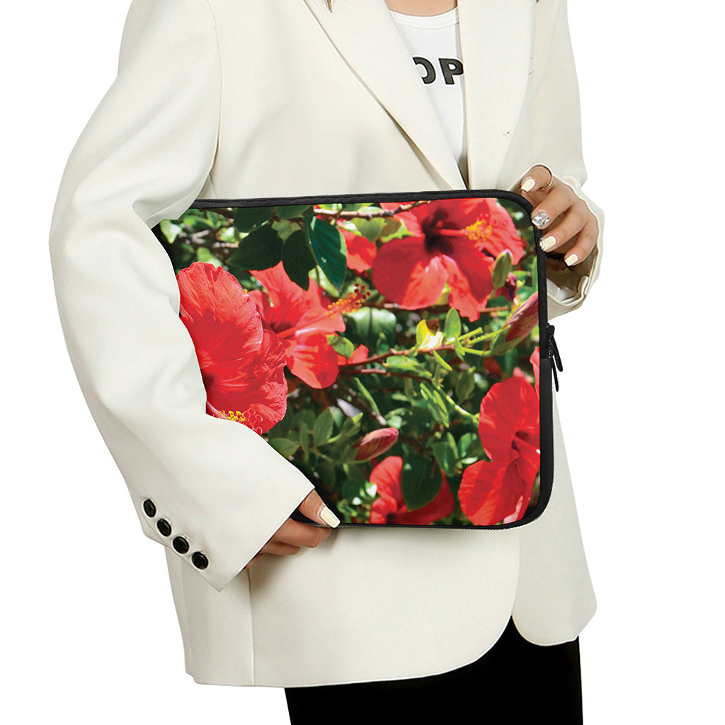 Red Hibiscus Flowers Print Laptop Sleeve