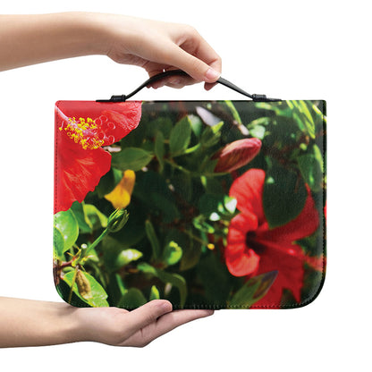 Red Hibiscus Flowers Print Leather Bible Cover
