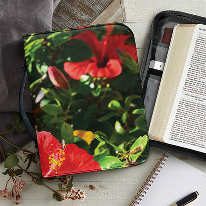 Red Hibiscus Flowers Print Leather Bible Cover