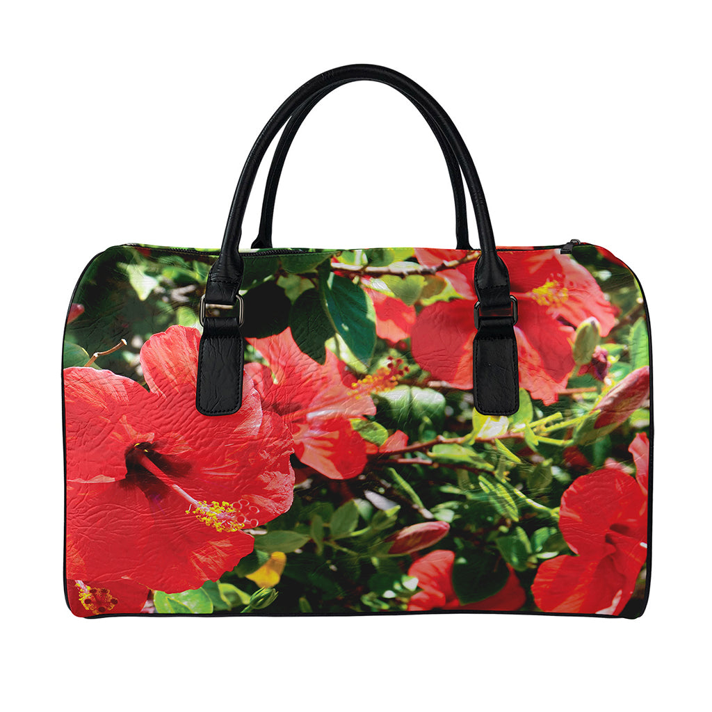 Red Hibiscus Flowers Print Leather Duffle Bag