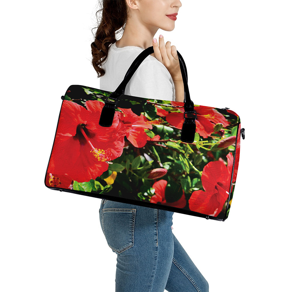 Red Hibiscus Flowers Print Leather Duffle Bag