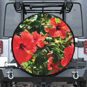 Red Hibiscus Flowers Print Leather Spare Tire Cover