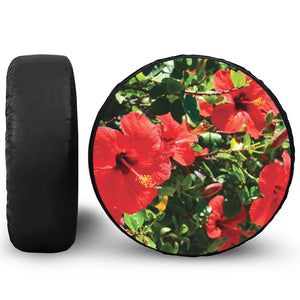 Red Hibiscus Flowers Print Leather Spare Tire Cover