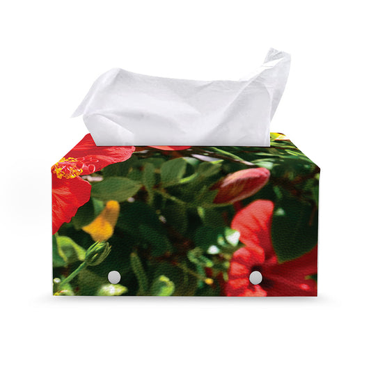 Red Hibiscus Flowers Print Leather Tissue Box Cover