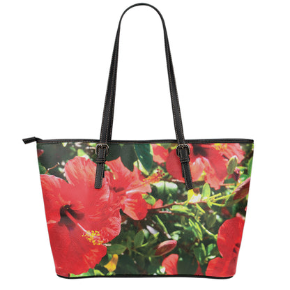 Red Hibiscus Flowers Print Leather Tote Bag