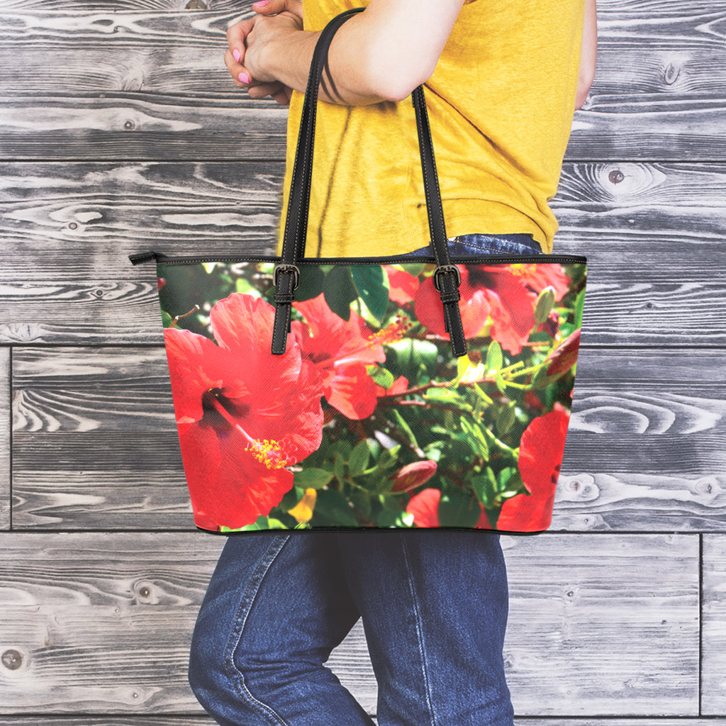 Red Hibiscus Flowers Print Leather Tote Bag