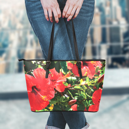 Red Hibiscus Flowers Print Leather Tote Bag