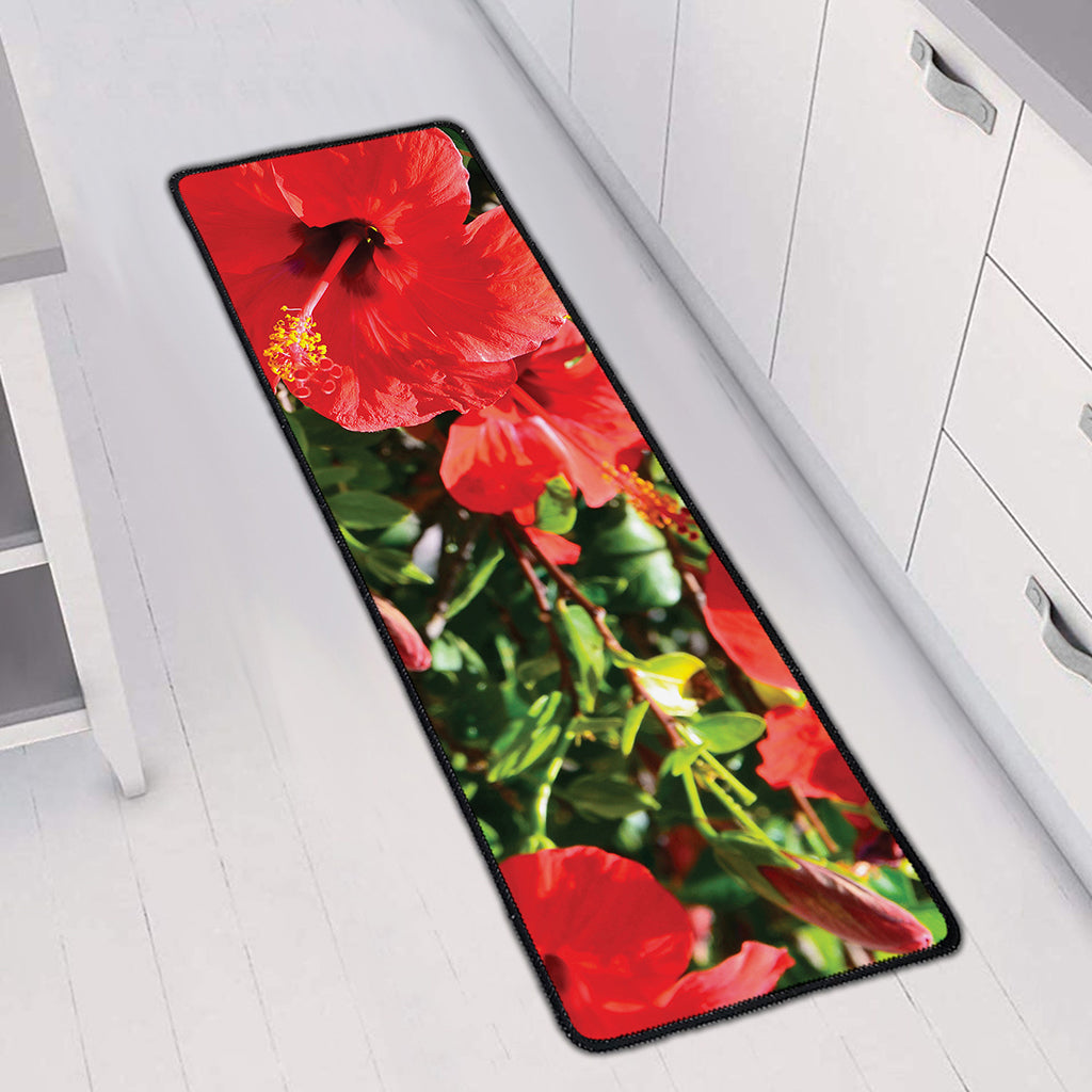 Red Hibiscus Flowers Print Long Kitchen Mat