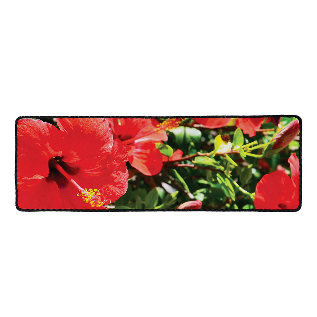 Red Hibiscus Flowers Print Long Kitchen Mat