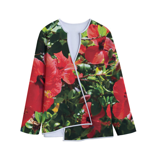 Red Hibiscus Flowers Print Long Sleeve Short Coat
