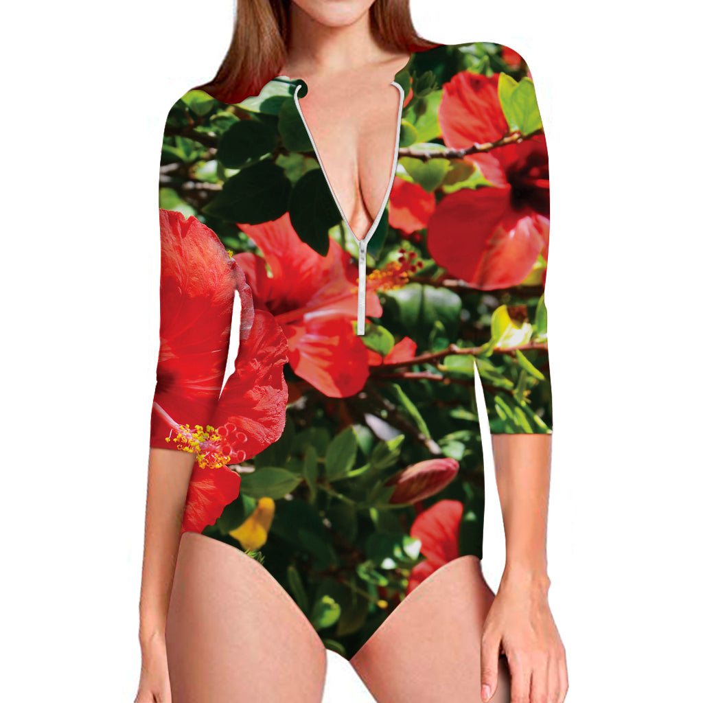 Red Hibiscus Flowers Print Long Sleeve Swimsuit