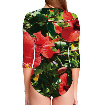 Red Hibiscus Flowers Print Long Sleeve Swimsuit