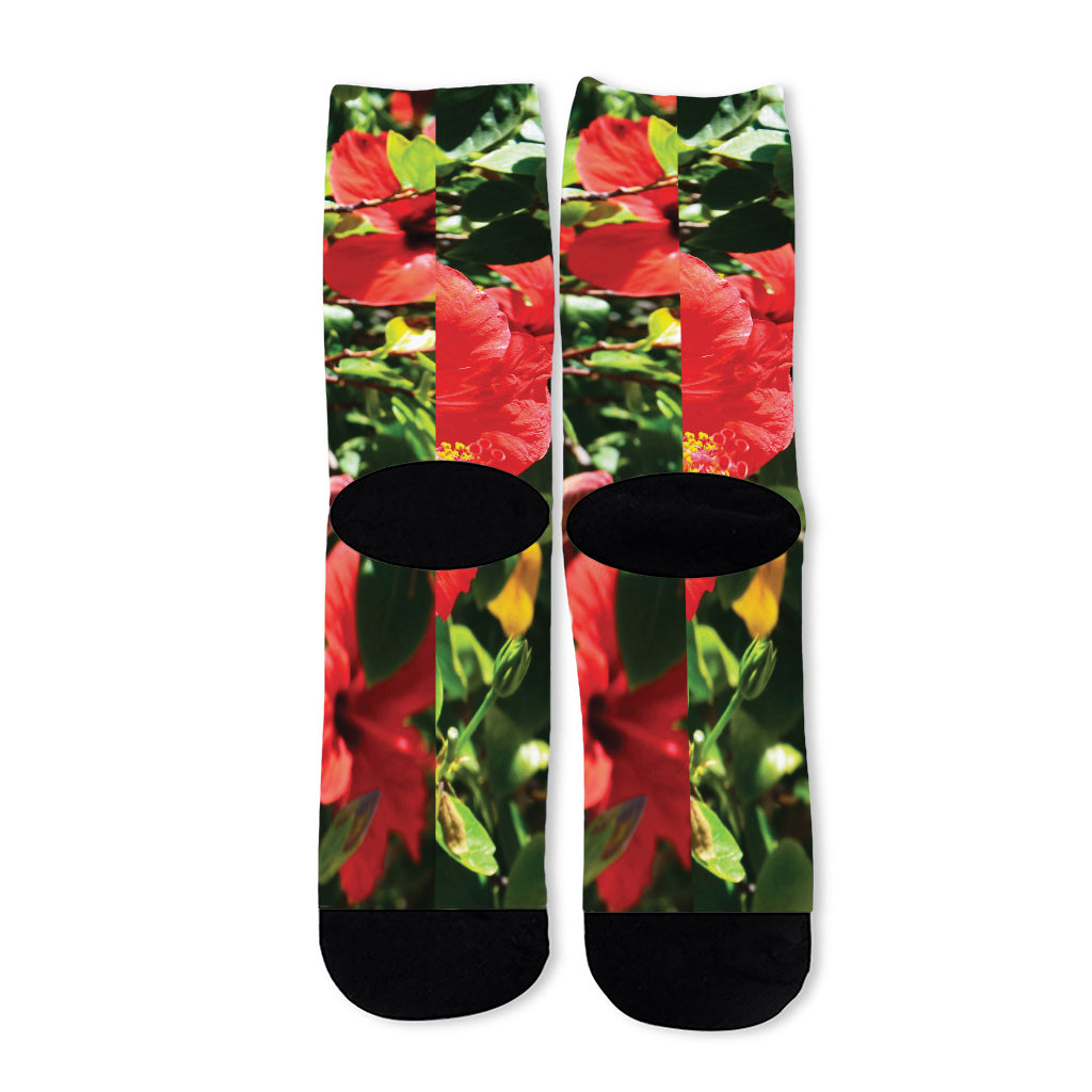 Red Hibiscus Flowers Print Long Socks