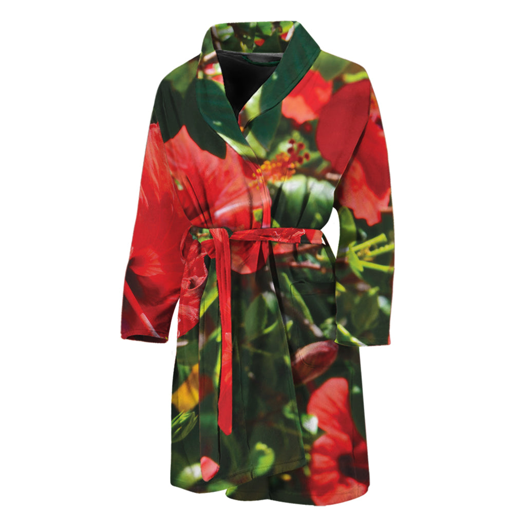 Red Hibiscus Flowers Print Men's Bathrobe