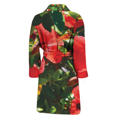 Red Hibiscus Flowers Print Men's Bathrobe
