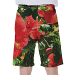 Red Hibiscus Flowers Print Men's Beach Shorts