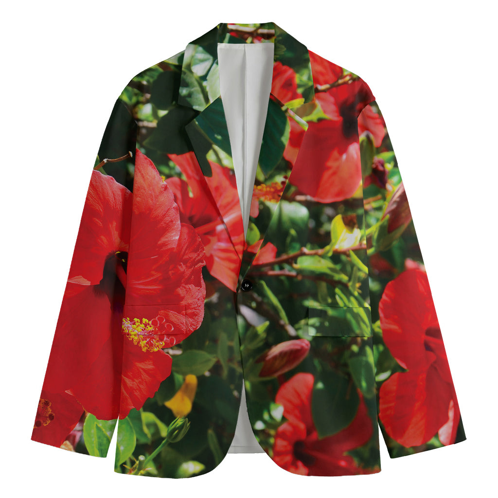 Red Hibiscus Flowers Print Men's Blazer